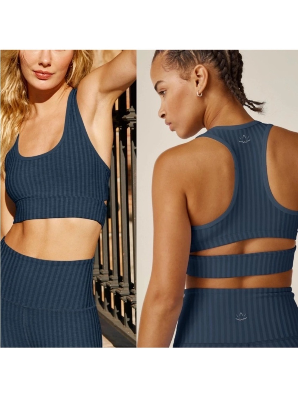Like New Beyond Yoga Work It Over Long Line Sports Bra Navy Stripe XL Retail $70